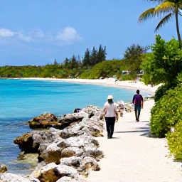 Caribbean Holidays, Bermuda Walking Holidays, Walkers on a peaceful Bermuda beach and coastal path near clear blue water, with rocky shoreline and bright tropical vegetation