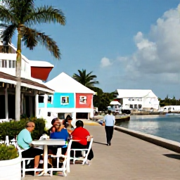Caribbean Holidays, Bermuda Walking Holidays, Walkers relaxing at a Bermuda waterfront caf&eacute; after a day outdoors, with colourful buildings, palm trees and a calm harbour