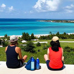 Caribbean Holidays, Bermuda Walking Holidays, Well-prepared walkers resting at a scenic Bermuda viewpoint in August, with water bottles, sun hats and a panoramic ocean view