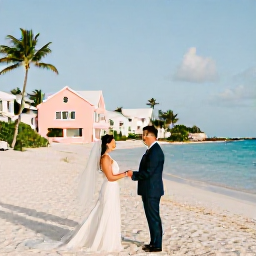 Caribbean Holidays, Bermuda Wedding August, A happy couple exchanging vows beside a turquoise Bermuda beach in warm August sunshine, with pastel buildings and palm trees nearby