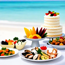 Caribbean Holidays, Bermuda Wedding August, Close-up of a Bermuda wedding table with fresh seafood, colourful salads, tropical fruit and a small elegant wedding cake