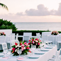 Caribbean Holidays, Bermuda Wedding August, Elegant outdoor wedding reception in Bermuda during August, with white chairs, tropical flowers, pastel table settings and a sunset over the sea