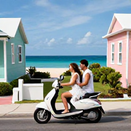 Caribbean Holidays, Bermuda Wedding August, Newlyweds exploring Bermuda by scooter near pastel houses and ocean views on a sunny August day