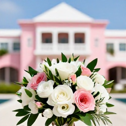 Caribbean Holidays, Bermuda Weddings, A close-up view of a wedding bouquet with Bermuda flowers and pastel architecture in the background