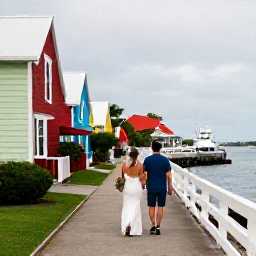 Caribbean Holidays, Bermuda Weddings, A couple exploring Hamilton, Bermuda, in May, walking past colourful buildings and enjoying the harbour views