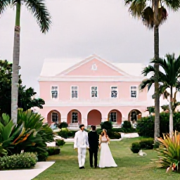 Caribbean Holidays, Bermuda Weddings, A couple walking through lush tropical gardens towards a historic Bermuda wedding venue, with pastel buildings and palm trees
