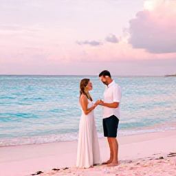 Caribbean Holidays, Bermuda Weddings, A happy couple exchanging rings beside a pink-sand beach in Bermuda, with turquoise water and a pastel sunset