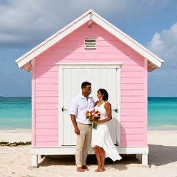 Caribbean Holidays, Bermuda Weddings, A newly married couple standing beside a pastel pink Bermuda beach cottage with turquoise sea and soft May sunshine