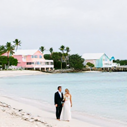 Caribbean Holidays, Bermuda Weddings, A newly married couple walking beside a calm turquoise beach in Bermuda in November, pastel houses and palm trees in the background