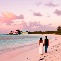 Caribbean Holidays, Bermuda Weddings, A newly married couple walking beside a pink-sand beach in Bermuda at sunset, with calm turquoise water and pastel cottages in the distance