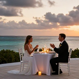 Caribbean Holidays, Bermuda Weddings, A romantic Bermuda wedding dinner at sunset, with a decorated table, candles, ocean views and the couple celebrating together