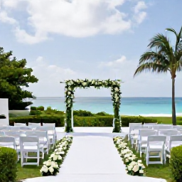 Caribbean Holidays, Bermuda Weddings, An elegant outdoor wedding ceremony in a Bermuda garden, with white chairs, tropical greenery and the sea visible beyond