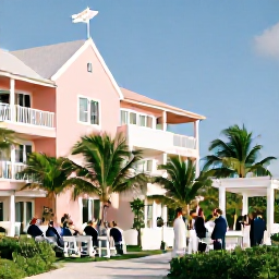 Caribbean Holidays, Bermuda Weddings, An elegant outdoor wedding ceremony on a Bermuda beach, with pastel buildings, tropical greenery and guests seated in the sunshine