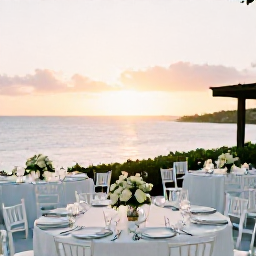 Caribbean Holidays, Bermuda Weddings, An intimate Bermuda wedding reception on a seaside terrace, with white table settings, local flowers and sunset views