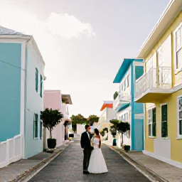 Caribbean Holidays, Bermuda Weddings, Bride and groom exploring colourful streets and historic buildings in St George's, Bermuda, under gentle November sunshine