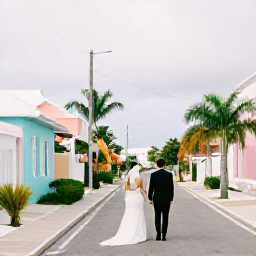 Caribbean Holidays, Bermuda Weddings, Bride and groom walking through pastel Bermuda streets with colourful buildings and tropical greenery