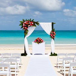 Caribbean Holidays, Bermuda Weddings, Elegant outdoor wedding ceremony on a Bermuda beach with white chairs, tropical flowers and the Atlantic Ocean beyond