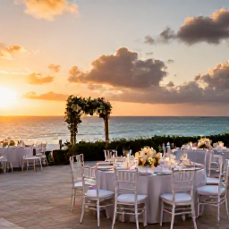 Caribbean Holidays, Bermuda Weddings, Elegant outdoor wedding reception on a Bermuda terrace overlooking the ocean at sunset