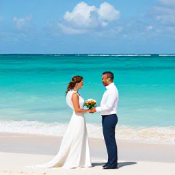 Caribbean Holidays, Bermuda Weddings, Newlyweds exchanging vows beside a turquoise sea on a Bermuda beach in bright July sunshine