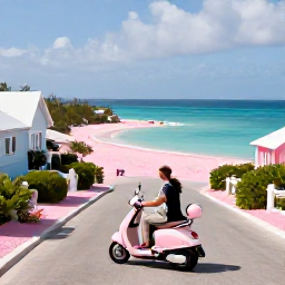 Caribbean Holidays, Bermuda Weddings, Newlyweds exploring Bermuda on a pastel-coloured scooter-free scenic road, with ocean views, pink sand and traditional cottages