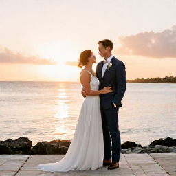 Caribbean Holidays, Bermuda Weddings, Romantic newlywed couple beside the sea in Bermuda at golden hour, elegant but relaxed wedding clothing