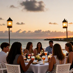 Caribbean Holidays, Bermuda Weddings, Wedding guests enjoying a relaxed Bermuda reception on a terrace overlooking the sea, with drinks, lanterns and a sunset sky