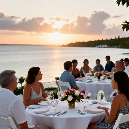 Caribbean Holidays, Bermuda Weddings, Wedding guests enjoying a relaxed seaside reception in Bermuda with tables, local flowers and sunset views over the water