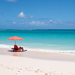 Caribbean Holidays, Bermuda Wellness, A peaceful Bermuda beach in June with pale pink sand, calm turquoise water, and a visitor relaxing beneath a beach umbrella