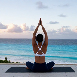 Caribbean Holidays, Bermuda Wellness, A visitor practising gentle yoga on a Bermuda hotel terrace overlooking the blue Atlantic Ocean at sunrise