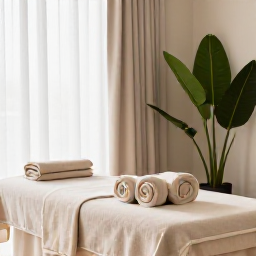 Caribbean Holidays, Bermuda Wellness, Bermuda spa treatment room with soft natural light, neutral colours, towels and tropical greenery