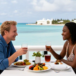 Caribbean Holidays, Bermuda Wellness, Bermuda waterfront restaurant in February with a healthy colourful lunch, sea views and a relaxed couple dining outdoors