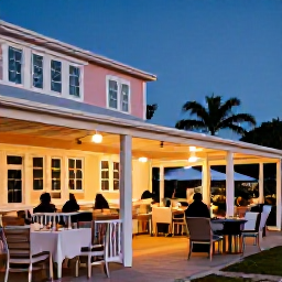 Caribbean Holidays, Bermuda Wellness, Bermudian December evening with a relaxed restaurant terrace, local seafood, warm lights and pastel buildings
