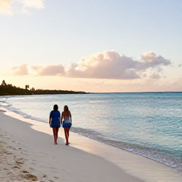 Caribbean Holidays, Bermuda Wellness Break, Peaceful pink-sand beach in Bermuda at sunrise, calm turquoise water and a relaxed couple walking beside the shore