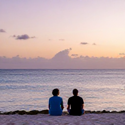 Caribbean Holidays, Bermuda Wellness Break, Sunset over Bermuda coastline with calm ocean, pastel sky and two travellers enjoying a quiet evening by the water