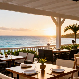 Caribbean Holidays, Bermuda Wellness Breaks, Relaxed Bermuda restaurant terrace overlooking the sea, with locally inspired food and warm evening light