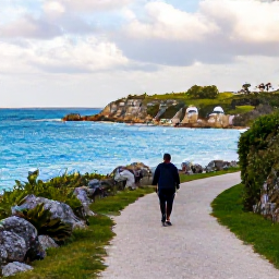 Caribbean Holidays, Bermuda Wellness Breaks, Scenic coastal path in Bermuda with a visitor walking beside bright blue sea and rugged shoreline in soft winter sunshine