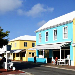 Caribbean Holidays, Bermuda Wellness, Colourful Bermuda town street with pastel buildings, a relaxed caf&eacute; and visitors enjoying a peaceful March afternoon