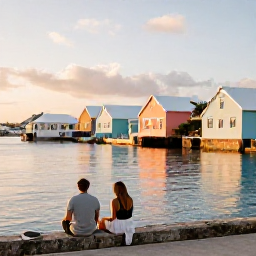 Caribbean Holidays, Bermuda Wellness, Couple relaxing beside a quiet Bermuda harbour in February, pastel buildings, calm water and warm late-afternoon light