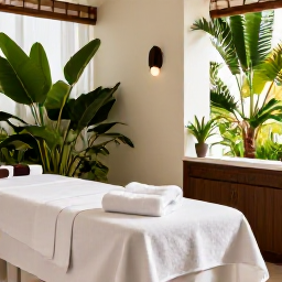 Caribbean Holidays, Bermuda Wellness, Elegant Bermuda spa interior with natural light, white towels, tropical greenery and a tranquil treatment room