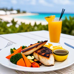 Caribbean Holidays, Bermuda Wellness, Fresh healthy meal with colourful vegetables, grilled fish and tropical fruit at a relaxed Bermuda restaurant terrace
