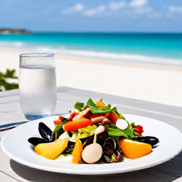 Caribbean Holidays, Bermuda Wellness, Healthy Bermuda lunch with fresh seafood, colourful salad, citrus fruit and a glass of water on a sunny terrace