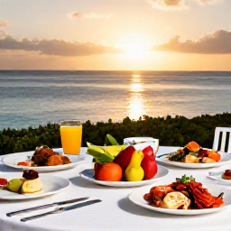 Caribbean Holidays, Bermuda Wellness, Outdoor Bermuda dining table with fresh healthy food, fruit, seafood and a view of the calm ocean at sunset