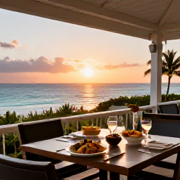 Caribbean Holidays, Bermuda Wellness, Outdoor Bermuda restaurant terrace at sunset with fresh local food, sea views and a relaxed dining atmosphere