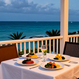 Caribbean Holidays, Bermuda Wellness, Outdoor table at a Bermuda restaurant overlooking the sea, fresh local food and a relaxed evening atmosphere