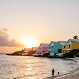 Caribbean Holidays, Bermuda Wellness, Peaceful Bermuda coastline at sunset with pastel houses, calm sea and a couple enjoying a quiet walk