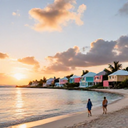 Caribbean Holidays, Bermuda Wellness, Peaceful Bermuda coastline at sunset with pastel houses, calm sea and a couple walking along the shore