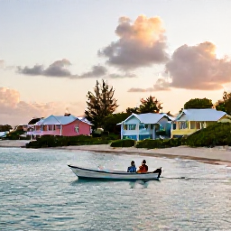 Caribbean Holidays, Bermuda Wellness, Peaceful Bermuda coastline with a small boat, pastel houses and a couple enjoying a quiet sunset
