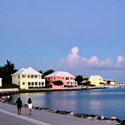 Caribbean Holidays, Bermuda Wellness, Peaceful Bermuda harbour at dusk with pastel buildings, calm water and a couple enjoying a quiet evening stroll