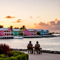 Caribbean Holidays, Bermuda Wellness, Peaceful Bermuda harbour at sunset in December, pastel houses, calm water and a couple enjoying a quiet viewpoint
