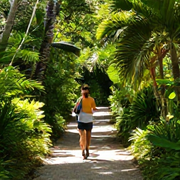 Caribbean Holidays, Bermuda Wellness, Peaceful Bermuda nature trail through green vegetation with dappled sunlight and a relaxed walker